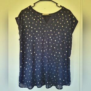 Full Moon Navy W/Metalic Colored Polka Dots, Maternity Blouse, Size M